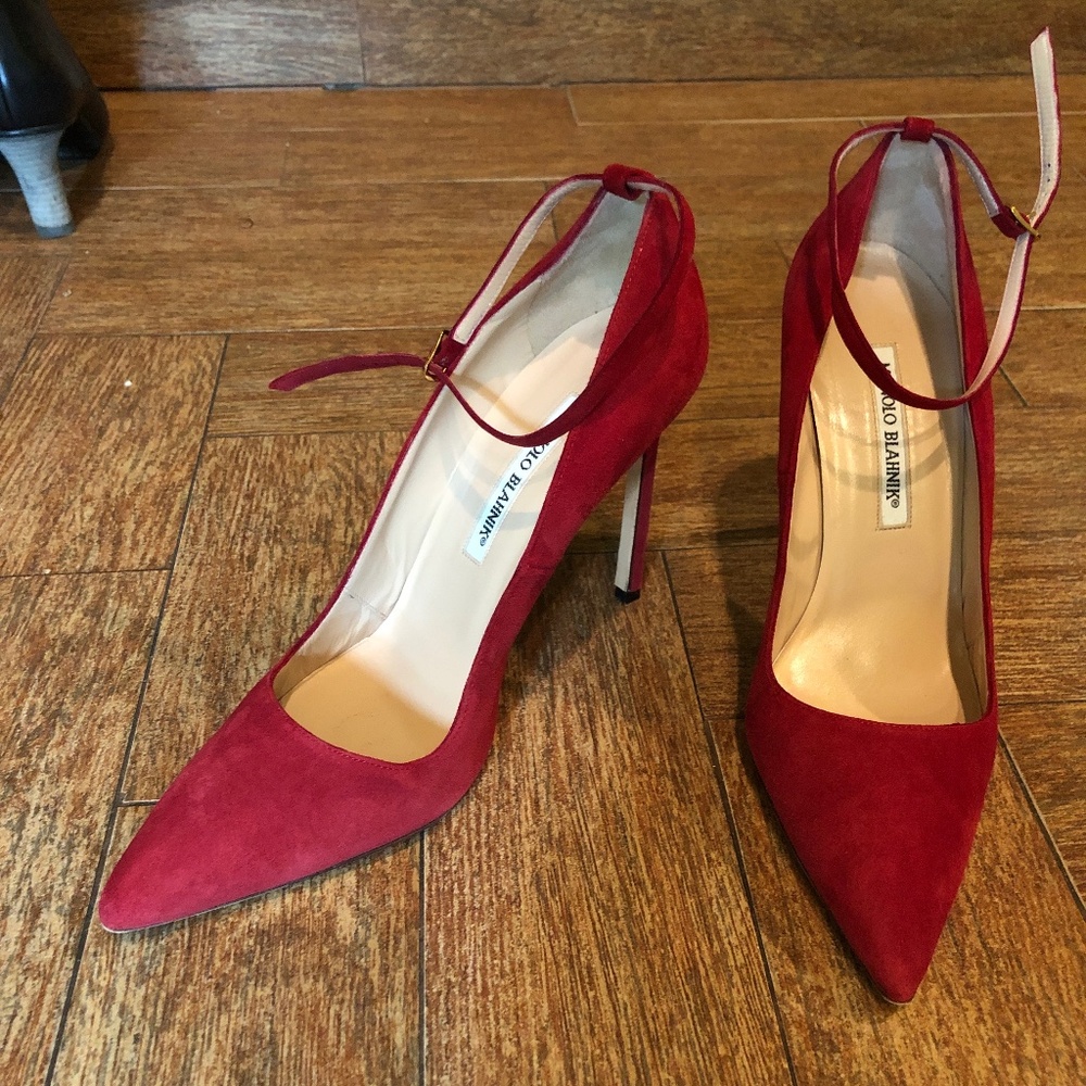 Manolo Blahnik red suede pointed toe pumps